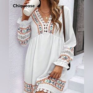 SHEIN white Boho embroidered dress S